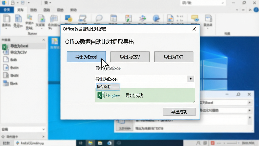 ��������Ϊ��Office�����Զ��ȶ���ȡ���ĵ���ѡ����棬��ʾ������ΪExcel����������ΪCSV����������ΪTXT��������ť�������ͣ�ڡ�����ΪExcel���ϣ�����Ϊ���жԻ��򣬱���Ϊ���������棻���Ϊ�ִ�Windows�������ϸ�ڰ����ļ�����·��ѡ�񴰿ں͡������ɹ�����ʾ�����ʸ��壬�޶���Ԫ��