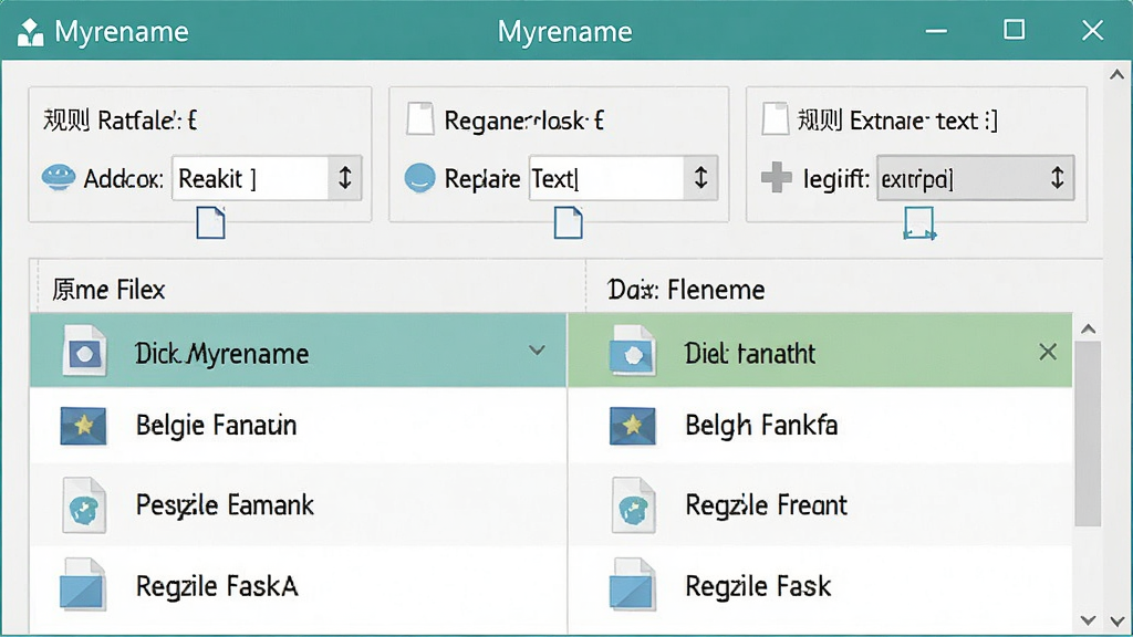一张展示Myrename批量重命名过程的示意图,中间是文件列表,左侧显示原文件名,右侧显示新文件名,上方有规则设置选项,包括添加序号、替换文本、修改扩展名等,风格扁平化,色彩清新,软件名称“Myrename”出现在界面顶部,画质干净,无多余元素