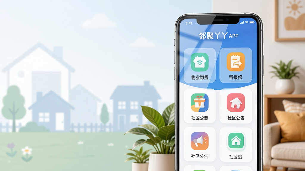 主体:邻聚丫丫APP界面在智能手机上展示,屏幕内显示物业缴费、报修、社区公告等模块图标。布局:手机居中偏右,左侧留白并配以柔和的社区背景剪影。排版:手机屏幕内容清晰可辨,图标排列整齐,色彩明快。风格:现代扁平化,结合写实手机模型。细节:手机屏幕反光自然,周围点缀绿色植物和温馨家居元素。画质:高清,干净,无多余元素