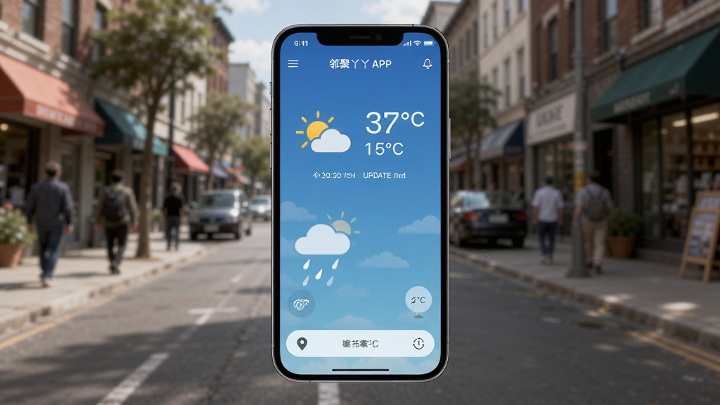 主体:邻聚丫丫APP在手机上运行时的天气展示界面,背景为真实街道。布局:手机竖屏居中,顶部显示天气信息。排版:天气图标、温度、湿度清晰可见。风格:写实与UI融合。细节:定位图标、更新时间。画质:高清,干净