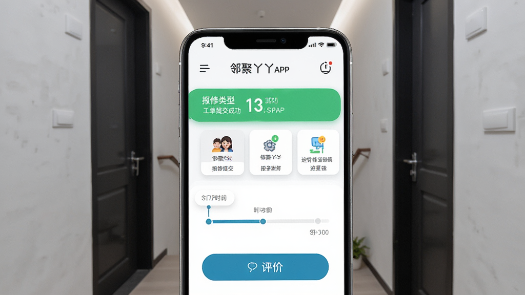 主体:邻聚丫丫APP报修功能界面,显示工单提交成功和进度跟踪。布局:手机界面放大展示,背景为现代小区楼道。排版:界面信息分层明确,状态条醒目。风格:写实与UI结合。细节:报修类型图标、时间线进度、评价按钮。画质:清晰,无多余元素
