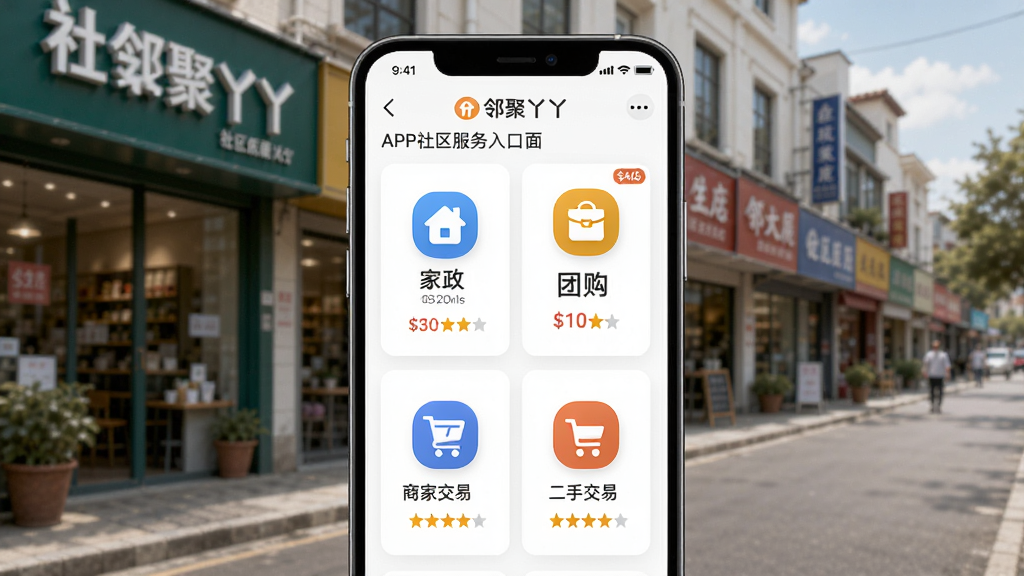主体:邻聚丫丫APP社区服务入口界面,展示家政、团购、二手交易图标。布局:手机界面置于中央,背景为社区底商街景。排版:服务分类以宫格形式排列。风格:现代简约。细节:服务图标、价格标签、商家评分。画质:高清,无多余元素