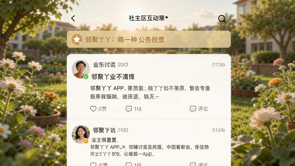 主体:邻聚丫丫APP社区互动界面,展示业主讨论帖和公告。布局:界面以列表形式呈现,背景为社区花园。排版:帖子标题、内容摘要、点赞评论数清晰。风格:生活化,温暖。细节:用户头像、动态时间、社区公告置顶条。画质:柔和,干净