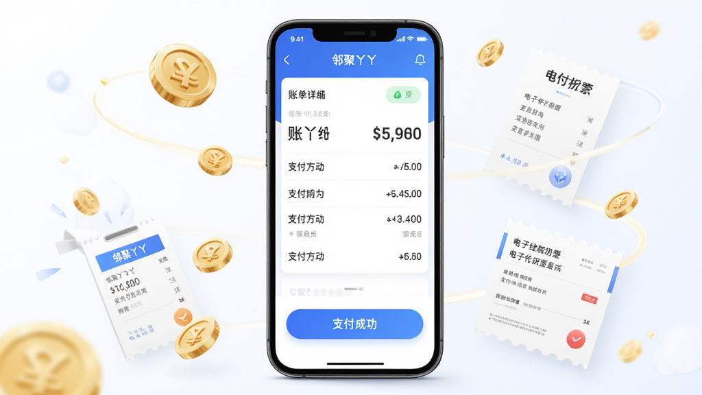 主体:邻聚丫丫APP缴费功能界面,显示账单明细和支付成功页面。布局:手机屏幕居中,周围环绕金币、账单等元素。排版:账单列表清晰,支付按钮醒目。风格:商务清新。细节:金额数字、支付方式图标、电子发票样张。画质:高分辨率,干净