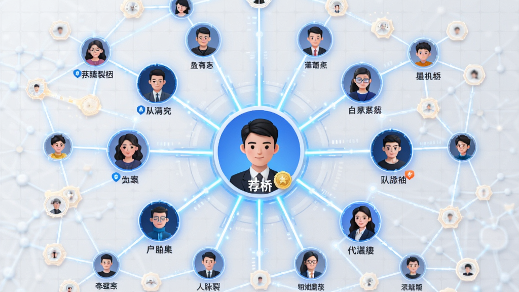 画面主体为“荐桥”APP的人脉裂变界面,中心人物头像向外辐射出多层人脉节点,节点间用亮线连接,布局呈放射状,排版清晰,背景为浅灰网格,风格科技感,细节包含头像与等级标识,画质高清,干净无多余元素