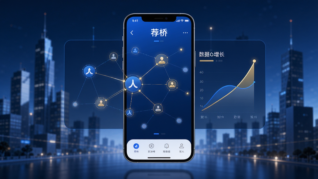 画面主体为一款名为“荐桥”的商务社交APP界面,悬浮在抽象城市背景之上,界面展示人脉图谱与数据增长曲线,布局居中,排版简洁,科技蓝与金色点缀,风格现代商务,细节包括连接节点与发光线条,画质高清,干净无多余元素