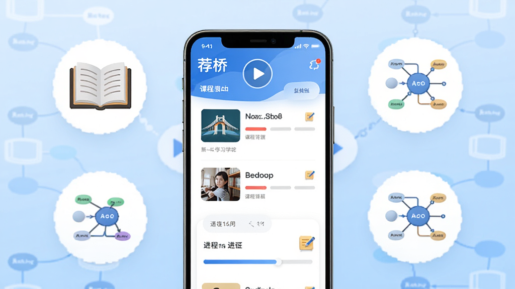 画面主体为“荐桥”APP知识学习模块,手机屏幕内展示课程列表与进度条,周围环绕书本和思维导图图标,布局居中,排版整洁,背景为浅蓝渐变,风格教育商务,细节包括播放按钮与笔记图标,画质高清,干净无多余元素