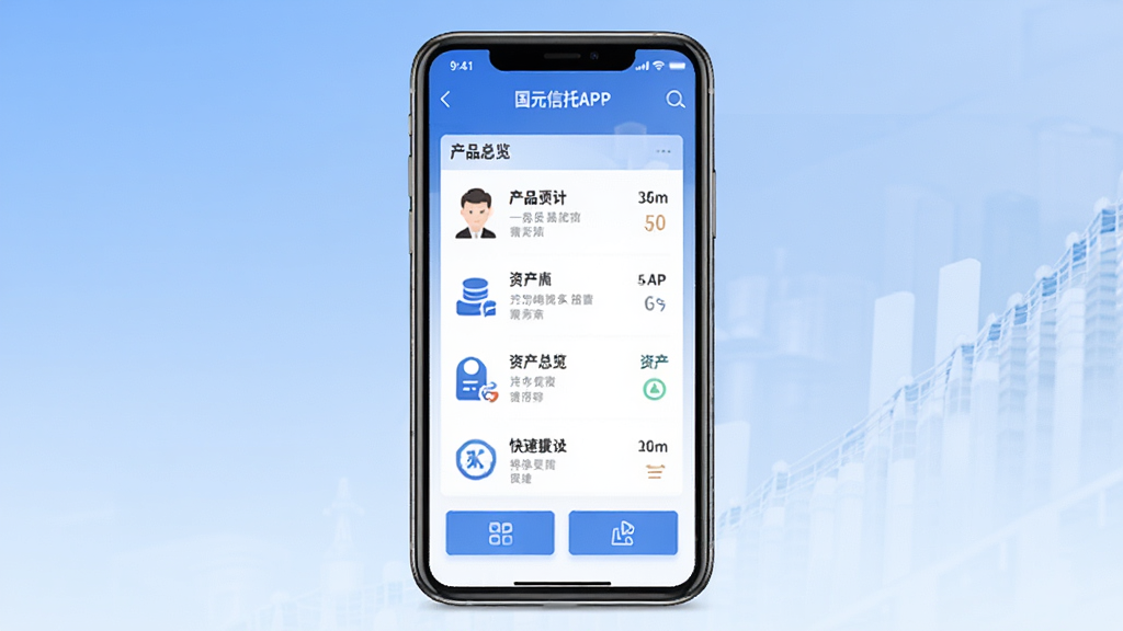 国元信托APP主界面预览图,手机屏幕展示产品列表、资产总览和快捷操作按钮,界面采用蓝白商务风格,布局清晰,图标精致,背景为简洁的渐变蓝色,画质干净,无多余元素