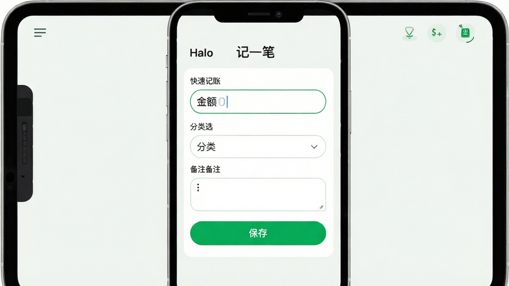 主体:快记记账操作界面,屏幕显示快速记账表单,有金额输入框、分类选择和备注栏。布局:表单居中,顶部有“记一笔”标题,下方为保存按钮。排版:简洁清晰,输入框间距均匀。风格:扁平化,浅色背景,绿色点缀。细节:输入框有圆角,按钮颜色醒目,界面无广告。画质:高清,干净,无多余元素。