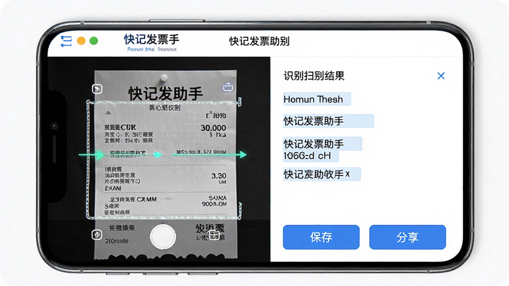 主体:快记发票助手界面,手机屏幕展示发票扫描识别过程,有发票图片和识别出的文字信息。布局:发票图片在左,识别结果在右,下方有保存和分享按钮。排版:左右分栏,信息清晰。风格:商务简约,白色背景,蓝色点缀。细节:发票文字清晰,识别结果高亮显示。画质:高清,干净,无多余元素。