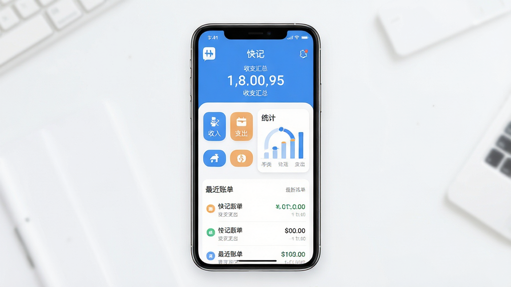 主体:快记应用主界面展示,手机屏幕中显示简洁的记账页面,有收入支出分类图标和统计图表。布局:手机居中,界面清晰,上方显示“快记”字样和收支汇总数字,下方为分类按钮和最近账单列表。排版:现代简约风,信息层级分明,留白充足。风格:扁平化设计,色彩清新,以蓝白为主色调。细节:账单条目字体清晰,图表圆润,无多余元素。画质:高清,干净,无多余元素。