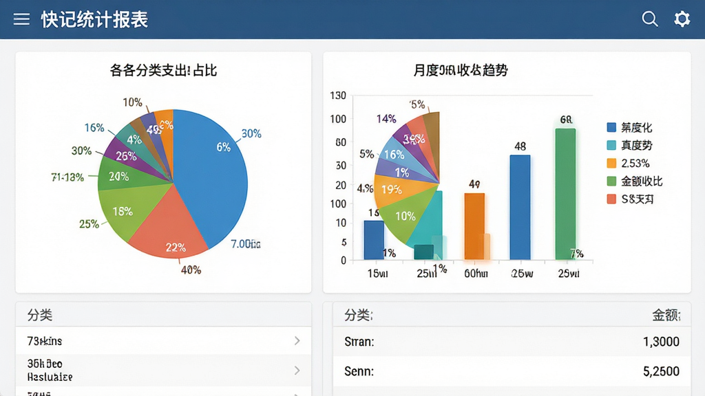 主体:快记统计报表界面,屏幕展示饼状图和柱状图,显示各分类支出占比和月度收支趋势。布局:图表居中,下方有分类列表和金额。排版:图表清晰,图例在右侧。风格:数据可视化,色彩丰富但不刺眼。细节:柱状图有数据标签,饼图分类颜色区分明显。画质:高清,干净,无多余元素。