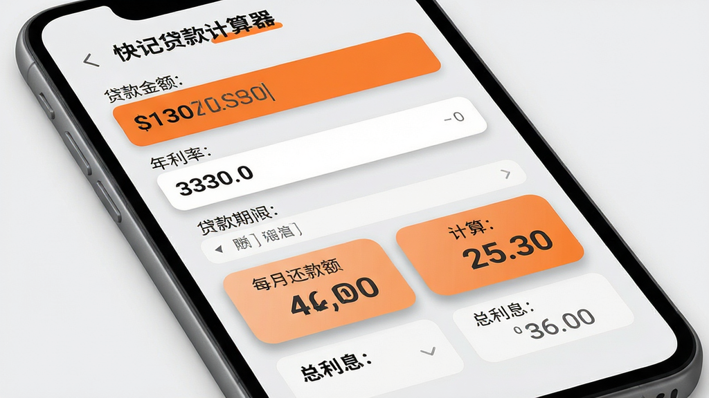 主体:快记贷款计算器界面,屏幕显示贷款金额输入框、年利率、贷款期限和计算结果区域。布局:表单自上而下排列,底部显示每月还款额和总利息。排版:数字字体突出,按钮清晰。风格:简洁实用,浅灰色背景,橙色高亮。细节:计算结果以卡片形式显示,有圆角阴影。画质:高清,干净,无多余元素。