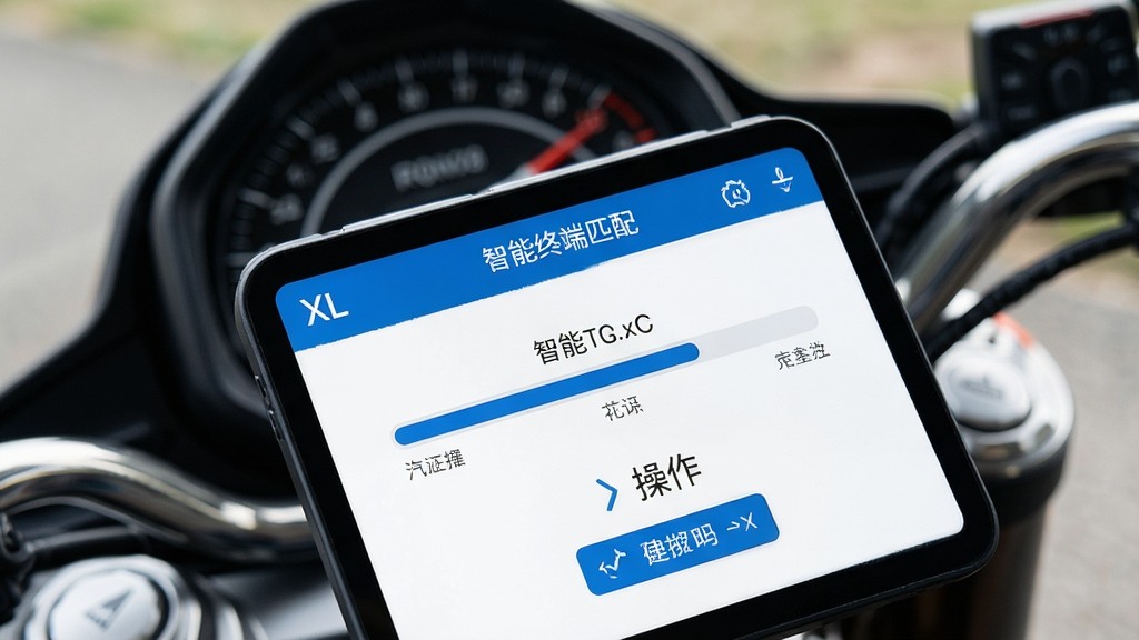 XL智能终端应用界面特写,展示智能钥匙匹配的进度条和操作指引,背景为摩托车仪表盘特写,界面UI设计现代,蓝白色调,信息层级分明,画质细腻,干净整洁,无多余元素