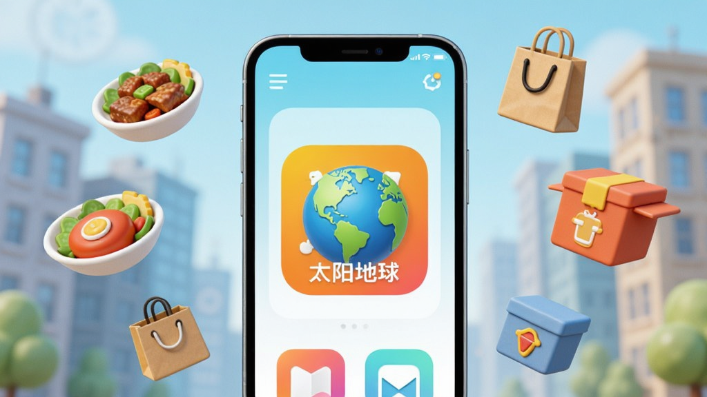 画面主体为一部亮着屏幕的智能手机,屏幕中清晰显示“太阳地球”APP的彩色图标与界面轮廓,手机周围悬浮着美食、购物袋、外卖箱等3D小元素,背景为模糊的城市建筑,整体布局采用手机居中、元素环绕的构图,扁平化插画风格,色彩明快活泼,光影柔和,细节丰富,画质干净且无多余元素