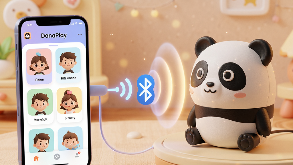 主体:DanaPlay应用界面与AI玩具音响互动的3D场景渲染图,中心位置显示手机连接可爱熊猫造型音箱。布局:左侧为手机界面展示角色选择列表,右侧为音箱设备发出柔和光波,两者之间有蓝牙信号连接线。排版:画面左右平衡,视觉焦点集中于交互光波。风格:现代科技感与温馨家庭氛围结合,色彩明亮柔和。细节:手机屏幕清晰显示“DanaPlay”字样及卡通角色头像,音箱表面材质细腻,环境光带微颗粒质感。画质:8K超高清,干净,无多余元素。