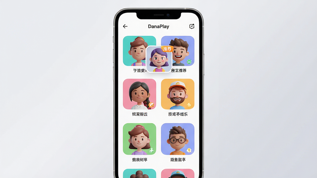 主体:DanaPlay应用内AI角色选择界面的手机截图样机展示。布局:手机居中,屏幕内以网格形式展示多个3D卡通AI角色头像,每个角色下方带有名称标签。排版:角色头像排列整齐,色彩缤纷,突出多样性。风格:扁平化与3D结合,界面清爽活泼。细节:屏幕顶部显示“DanaPlay”应用名称,一个角色头像被高亮选中并带有“推荐”角标,背景为浅灰色渐变。画质:高清渲染,干净,无多余元素。