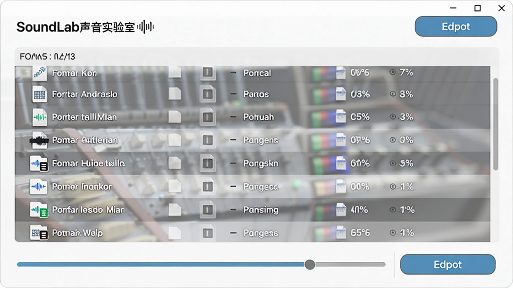 主体:SoundLab声音实验室的音频导入导出界面,展示文件列表和导出按钮;布局:界面居中,列表清晰;排版:简洁明了;风格:商务简洁;细节:文件格式标识,导出进度条;画质:高清,干净无多余元素