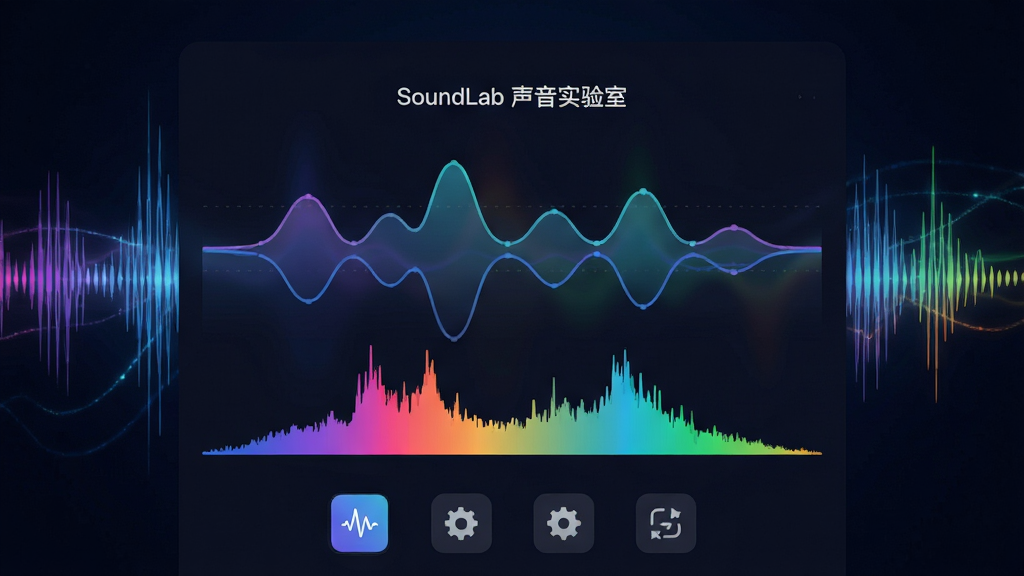 主体:SoundLab 声音实验室App界面,展示实时波形与频谱图,背景为声波动态特效,布局:居中,软件界面占据主视觉,下方有功能图标排列;排版:简洁清晰,突出数据可视化;风格:科技感、现代扁平化;细节:波形曲线平滑,频谱色彩渐变,界面显示“SoundLab 声音实验室”字样;画质:高清渲染,干净无多余元素