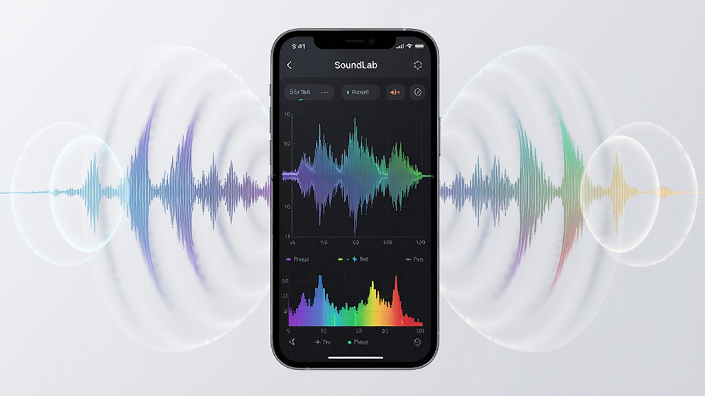主体:手机屏幕显示SoundLab声音实验室的实时波形分析界面,周围有声波扩散效果;布局:手机居中,屏幕内容清晰可见;排版:科技感界面,波形动态展示;风格:现代简约;细节:波形曲线细腻,频谱颜色渐变,界面标注“SoundLab”;画质:高清,通透,无多余元素