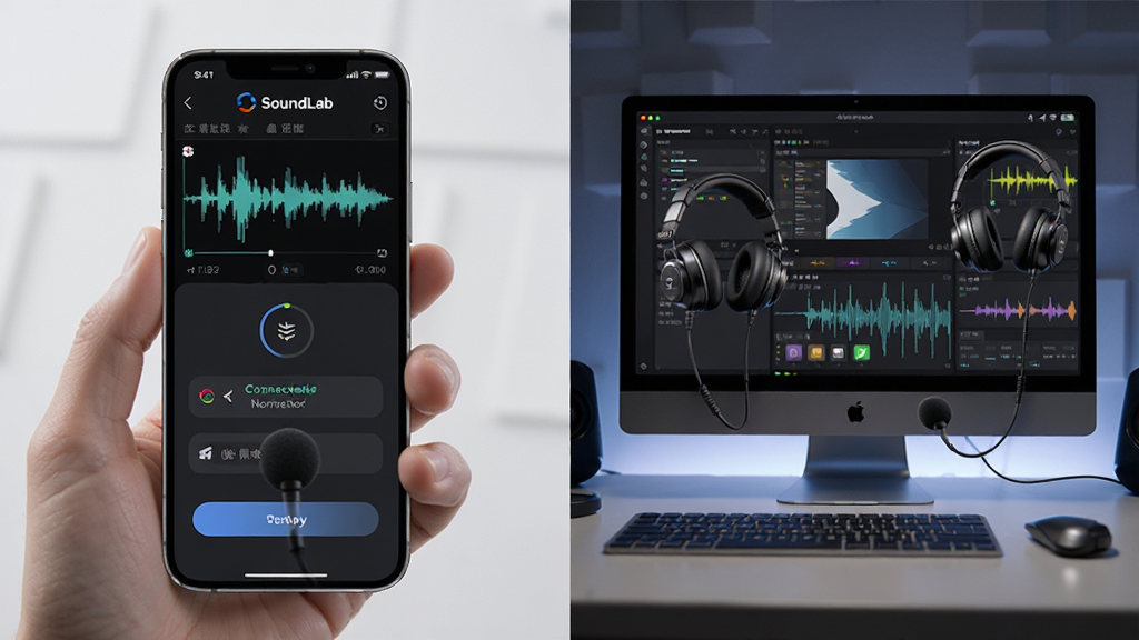 主体:SoundLab声音实验室在手机和电脑上的使用场景,展示操作界面和耳机麦克风;布局:分屏展示,左手机右电脑;排版:对比式;风格:科技感;细节:界面显示波形,设备连接正常;画质:高清,无多余元素