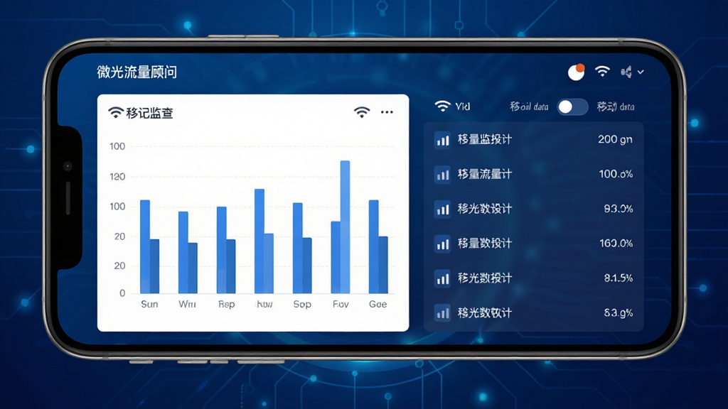 微光流量顾问软件主界面预览图,展示流量监控数据面板,手机屏幕内呈现柱状图与列表,背景为深蓝色科技感渐变,布局简洁清晰,风格扁平化设计,细节包含Wi-Fi与移动数据切换标签,画质高清干净,无多余元素