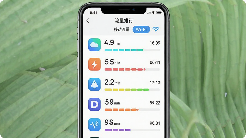 微光流量顾问应用流量排行界面截图,手机UI展示应用列表与流量数字,每个应用图标旁有彩色进度条,布局上下滚动式,风格清爽明亮,细节标注“移动流量”与“Wi-Fi”切换按钮,画质干净,无多余元素