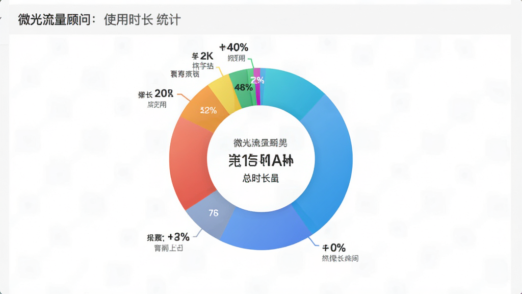 微光流量顾问使用时长统计饼图界面,展示各应用时间占比,色彩区分明显,中心有总时长数字,布局居中对称,风格简约现代,细节有百分比标注,画质清晰,无多余元素