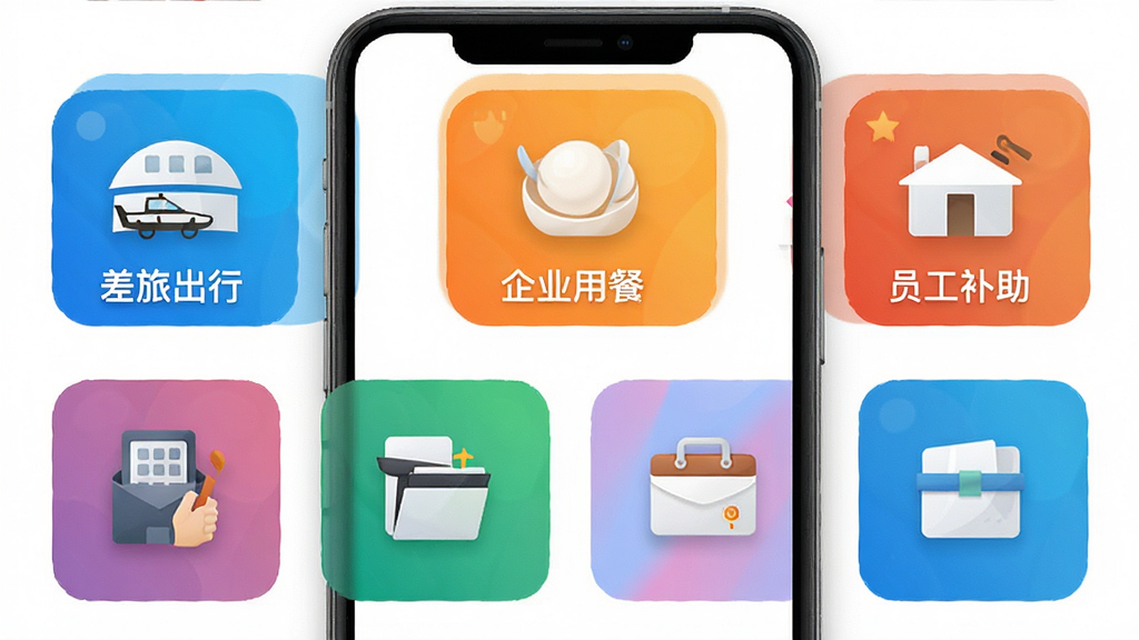 奥塞斯APP功能展示图,展示差旅出行、企业用餐、员工补助等模块的图标排列,手机界面截图风格,排版整齐,色彩鲜明,画质清晰,无多余元素