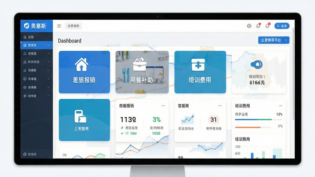 奥塞斯软件主界面预览图,展示企业费用管理平台的仪表盘,包含差旅报销、用餐补助、培训费用等模块图标,现代扁平化设计风格,布局清晰,色彩以蓝色和白色为主,界面干净整洁,无多余元素,画质高清