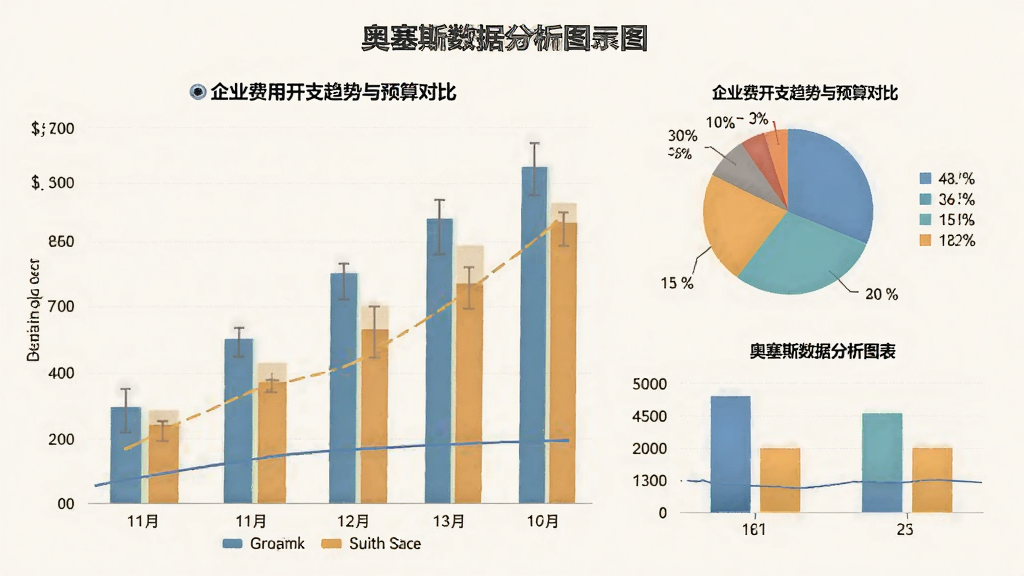 奥塞斯数据分析图表展示图,包含柱状图、饼图等可视化元素,展示企业费用开支趋势与预算对比,背景为浅色,图表配色和谐,布局专业,画质高清,无多余元素