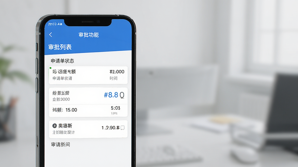 奥塞斯费用审批功能预览图,展示手机端审批列表界面,包含申请单状态、金额、时间等信息,界面简洁,以白色和蓝色为主色调,排版清晰,画质干净,无多余元素