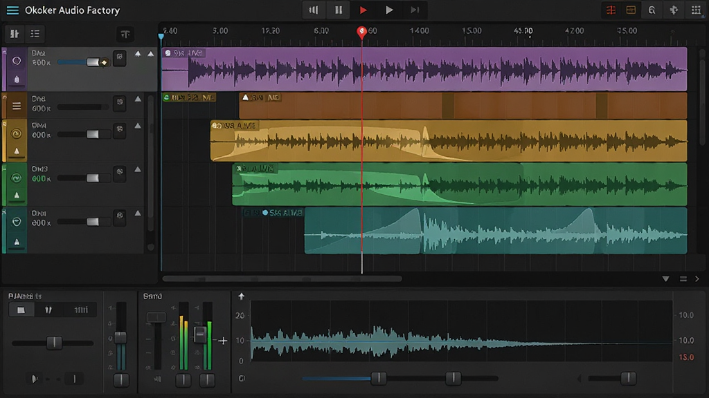 主体:Okoker Audio Factory的音频剪辑操作界面,显示多轨波形和编辑光标。布局:上方为多轨时间线,下方为音量和声像控制面板。排版:音轨以不同颜色区分,编辑光标为红色竖线。风格:专业数字音频工作站风格,深色背景。细节:波形上带有淡入淡出曲线,时间线标尺清晰。画质:高清,干净,无多余元素。