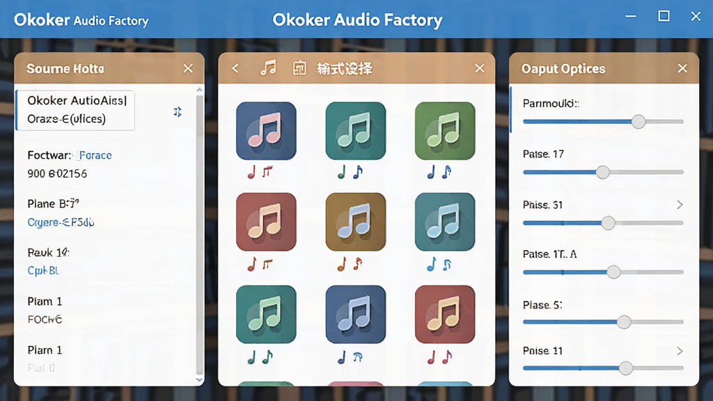 主体:Okoker Audio Factory的音频格式转换功能界面。布局:中心为格式选择面板,左右两侧分别列出源文件信息与输出设置选项。排版:格式图标以网格排列,参数选项以列表形式展示。风格:扁平化设计,色彩明快。细节:格式图标带有音乐符号,参数旁有调节滑块。画质:高清,干净,无多余元素。