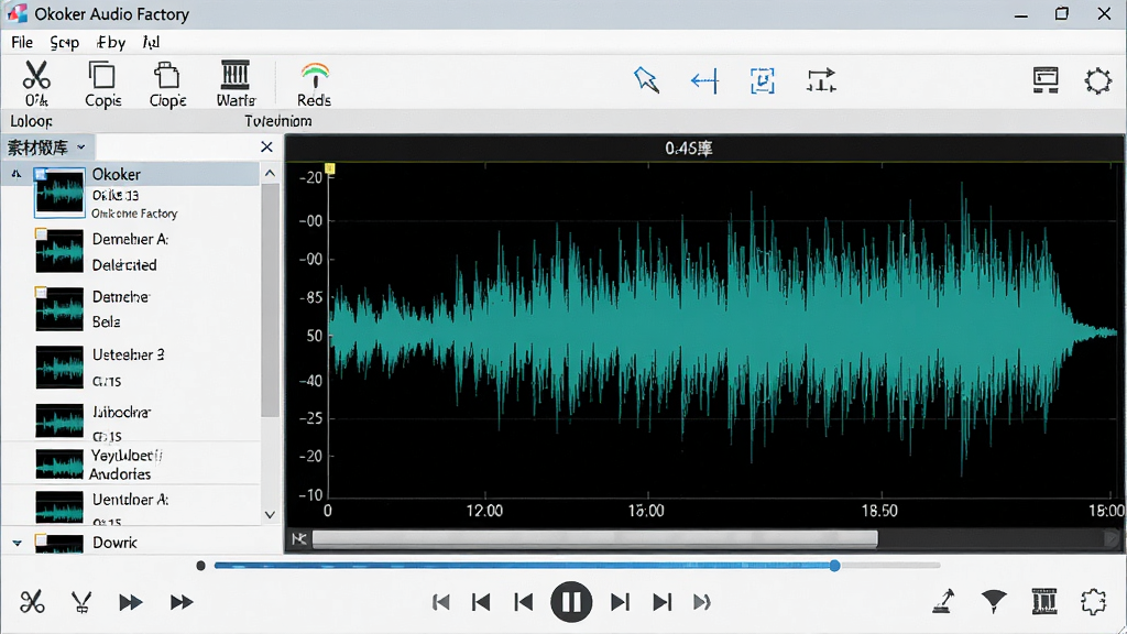 主体:Okoker Audio Factory软件主界面展示,包含音频波形编辑窗口和多个功能按钮。布局:界面顶层为菜单栏和工具栏,左侧为素材库列表,右侧为波形显示区域,底部为播放控制条。排版:清晰的功能分区,图标与文字标签相结合,波形以蓝绿色显示在黑色背景上。风格:现代简洁的软件界面设计,科技感十足。细节:波形图上带有时间刻度,工具栏包含剪切、复制、粘贴、混音等图标。画质:高清渲染,干净,无多余元素。