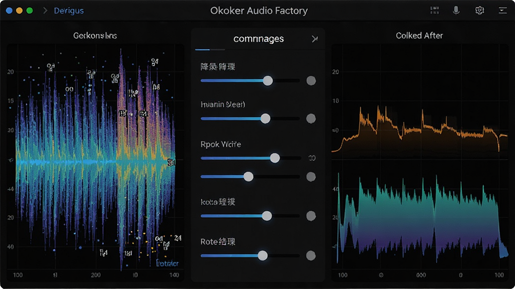 主体:Okoker Audio Factory的音频修复工具界面,显示降噪前后的频谱对比。布局:左侧为原始波形,右侧为处理后的波形,中间为参数调节区域。排版:波形以不同颜色呈现,降噪参数使用滑块调节。风格:对比鲜明的科技风格,突出修复效果。细节:频谱图上有噪点标记,处理后的波形更平滑。画质:高清,干净,无多余元素。