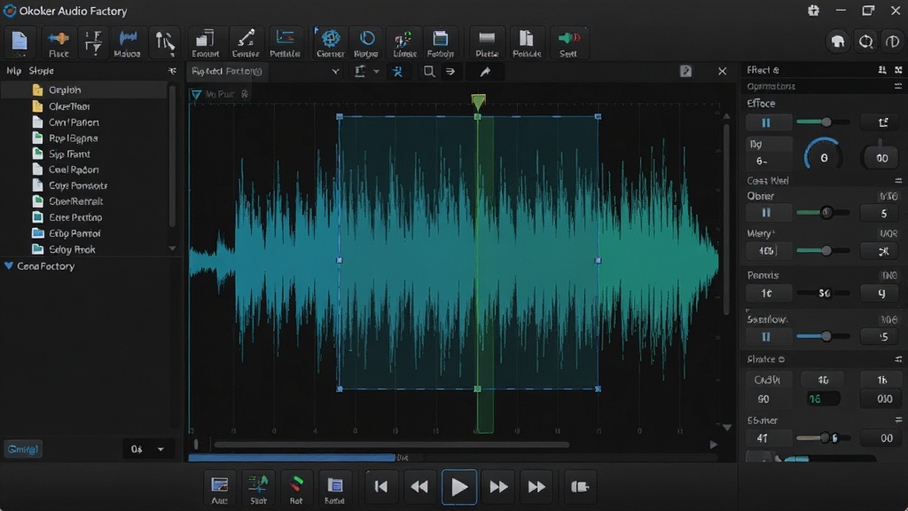 主体:Okoker Audio Factory的完整操作界面,包含波形编辑和工具栏。布局:左侧为文件列表,中央为波形编辑区,右侧为效果参数面板,底部为播放控制。排版:所有工具图标清晰可见,波形以蓝绿色显示。风格:现代专业软件界面,深色主题。细节:波形上有选中区域高亮,工具栏包含各种编辑按钮。画质:高清,干净,无多余元素。