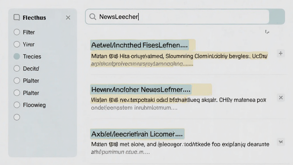NewsLeecher搜索结果界面,搜索栏输入关键词,下方以列表形式展示匹配的文章,标题和摘要高亮显示,左侧有过滤选项面板,整体界面清爽,配色柔和,画质干净,无多余元素