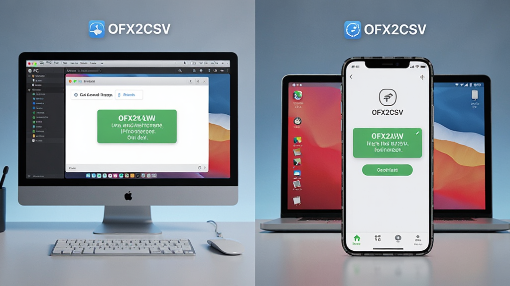 主体为OFX2CSV在手机和电脑上同时运行的对比场景,左侧为PC端界面,右侧为手机端界面,布局对称,风格科技感,细节显示转换成功提示,画质清晰干净