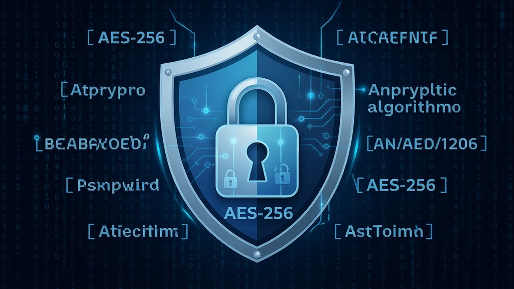 展示一个盾牌图标与加密锁的组合图像,背景为数字代码流。主体为Password Depot的加密示意图,布局以中央锁形为核心,周围环绕加密算法文字。排版简洁,风格为科技感插画。细节包括“AES-256”字样,画质高清,干净,无多余元素。