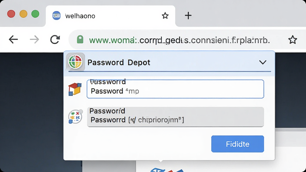主体为浏览器地址栏下方弹出Password Depot自动填充下拉菜单的界面,显示用户名和密码字段。布局为浏览器截图风格,排版直观。风格为写实UI,细节包括网站图标和填充按钮,画质高清,干净,无多余元素。