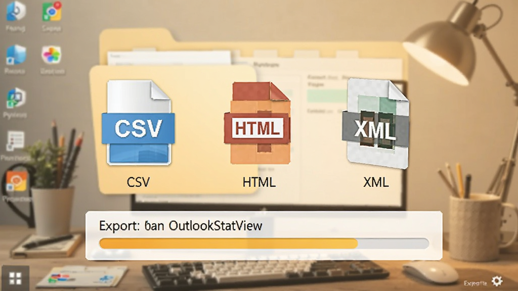 OutlookStatView导出功能预览图,展示CSV、HTML、XML等格式图标,背景为桌面文件夹与导出进度条,暖色系办公风格,干净明亮,细节精致