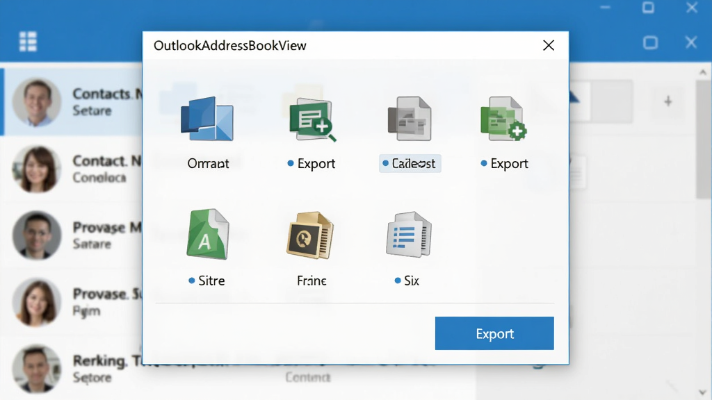 OutlookAddressBookView导出选项窗口,显示多种导出格式图标,背景有联系人列表和导出按钮,风格简洁明快,细节清晰,画质高清