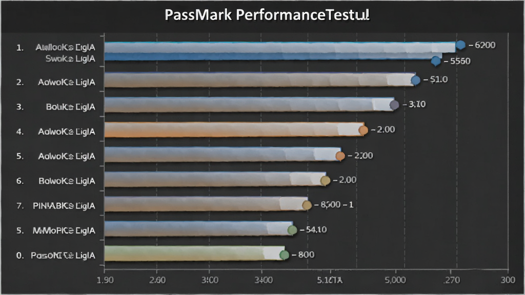 PassMark PerformanceTest对比图表,主体为多台电脑性能得分柱状图,布局横向排列,排版数据对比,风格商务,细节标注排名与型号,画质清晰干净无多余元素