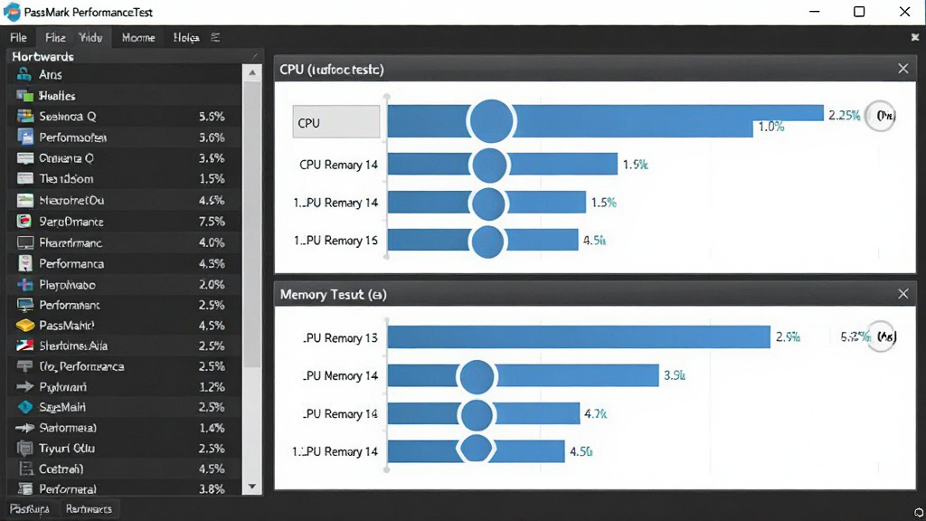 PassMark PerformanceTest软件主界面,左侧硬件列表,右侧条形图对比各项得分,主体为CPU与内存测试结果,布局清晰,排版数据化,风格简洁,细节显示百分比排名,画质高清干净无多余元素