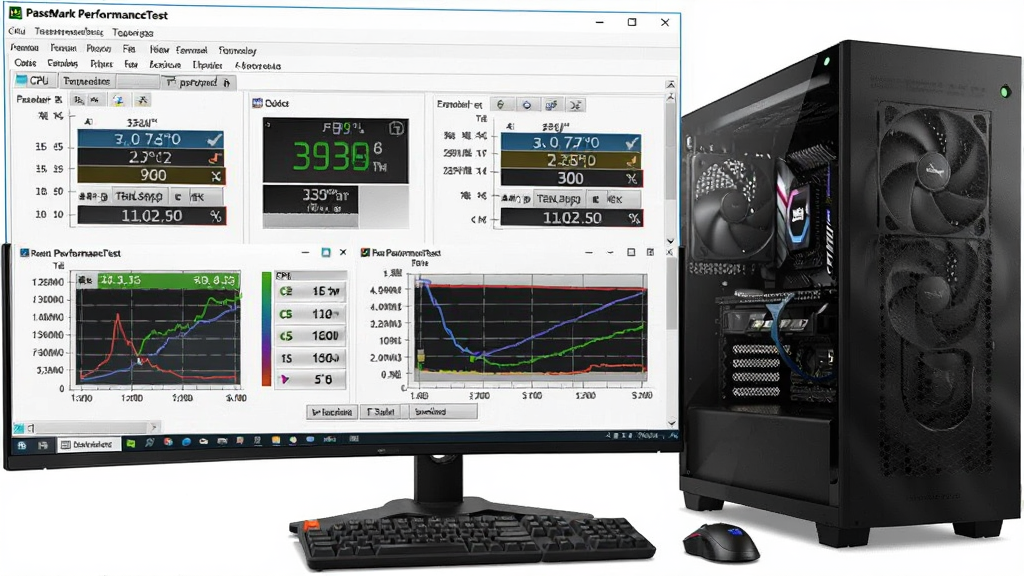 高性能电脑主机搭配多屏显示性能测试界面,主体为PassMark PerformanceTest软件窗口,显示CPU与显卡跑分图表,布局清晰,排版专业,风格写实,细节包含温度监控与评分曲线,画质高清干净无多余元素