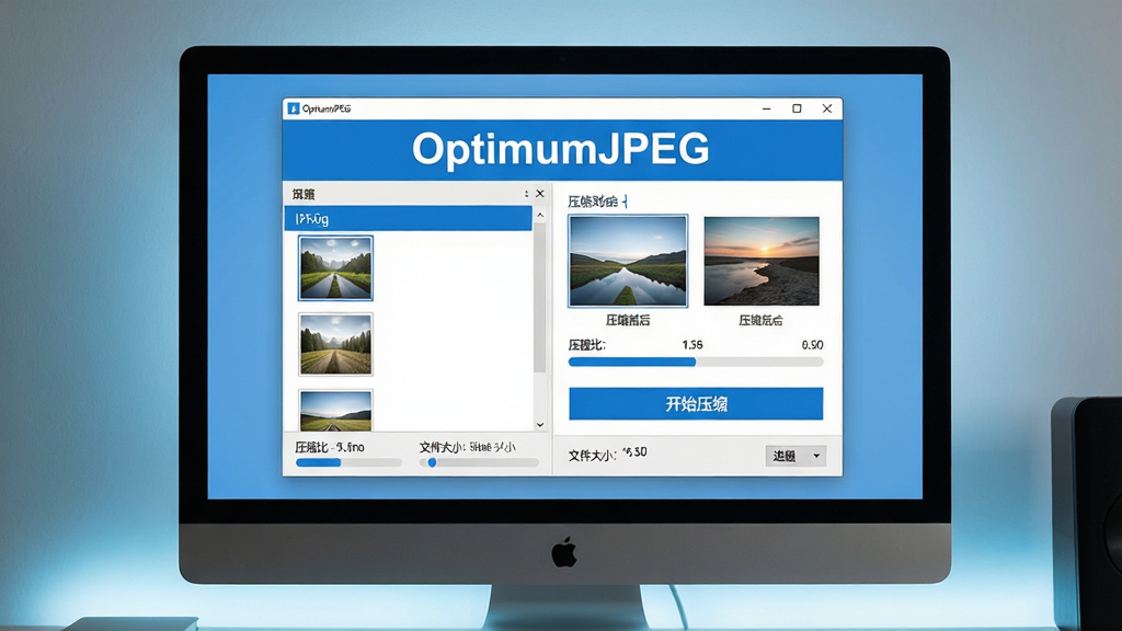 ���壺OptimumJPEG����������չʾ��������Ļ����ʾ�������ڣ����������������֣���Ļ������ʾ���������ڣ���Χ�е����ı�����Ч���Ű棺�����ڰ���ͼƬ�б���ѹ��ǰ��Ա������������͡���ʼѹ������ť������ִ��Ƽ��У���ƽ����ƣ�ɫ��������Ϊ����ϸ�ڣ��������ơ�OptimumJPEG���԰�ɫ��������ʾ�ڴ��ڶ����������·���ѹ���Ⱥ��ļ���С���ݡ����ʣ�������Ⱦ���ɾ����޶���Ԫ�ء�