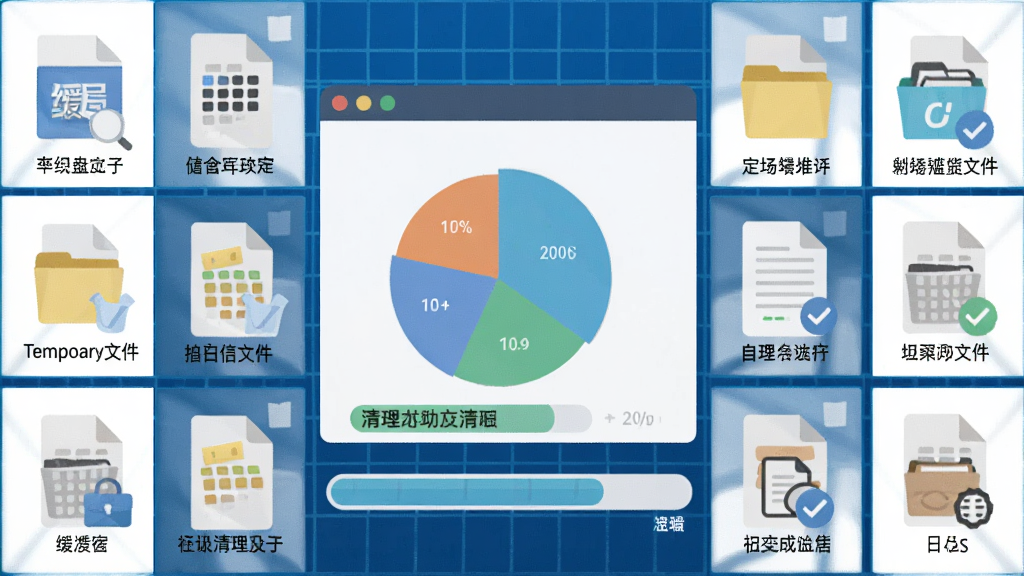 һ��չʾPCС���������������ܵĲ廭������Ϊ���̿ռ��ͼ����������������Χ���Ƹ��౻�������ļ�ͼ�꣨�绺�桢��ʱ�ļ�����־��������Ϊ�Ƽ�����ɫ���񣬲����������Ű��������ƽ�����ϸ�ڷḻ�����ʸɾ�