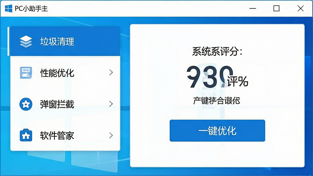 һ��չʾPCС����������ĸ������ֲ�ͼ�������Ǽ���Windows����������ڣ���๦���б����������������������Ż����������ء������ܼҡ���ģ�飬�Ҳ���ʾϵͳ������һ���Ż���ť�����岼�ֹ������Ű�����������������ɫ����ƽ����Ʒ��ϸ�ڷḻ�����������ɾ����޶���Ԫ��