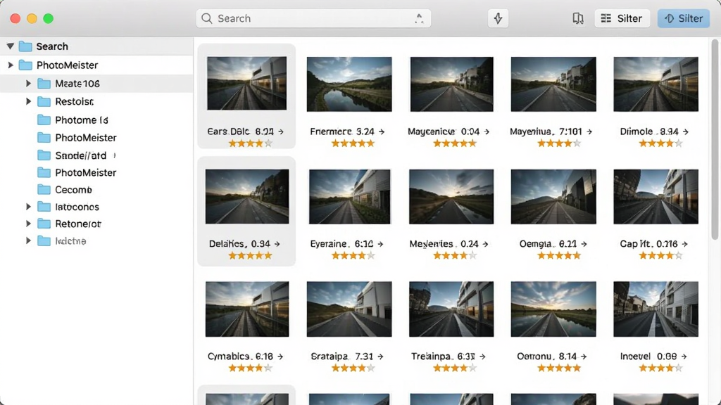 PhotoMeister照片管理界面截图,左侧为文件夹树状列表,右侧为网格状缩略图展示,每张图片下方显示文件名和评分星级,顶部有搜索框和筛选按钮,界面干净整洁,风格清爽,画质清晰